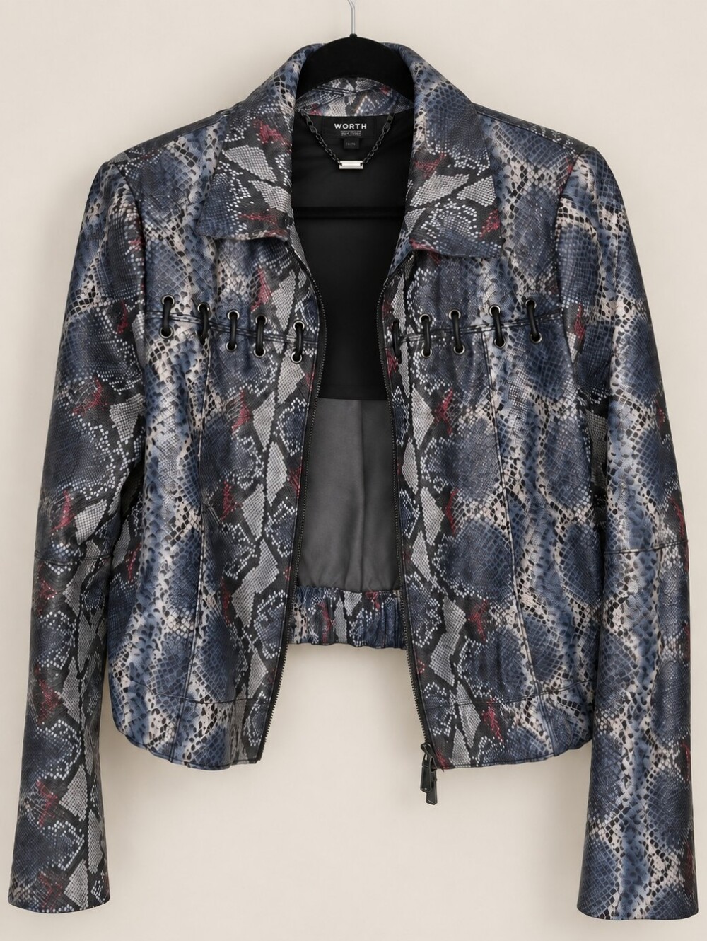 Worth Navy Snake-Print Cropped Leather Jacket